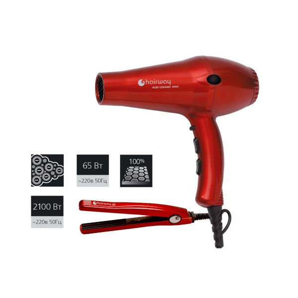 Фен Hairway Ruby Ceramic 2100W A010 + мини щипцы-гофре HW 65W
